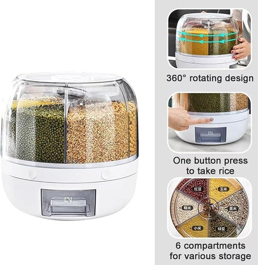 6-Compartment Automatic Cereal & Grain Dispenser – Airtight, Insect-Proof, One-Button Output Storage Container