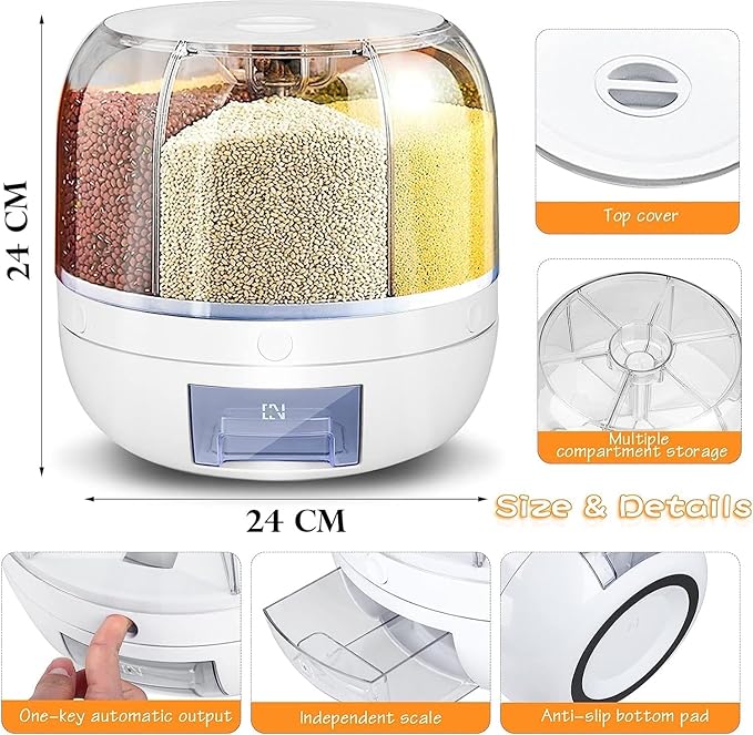 6-Compartment Automatic Cereal & Grain Dispenser – Airtight, Insect-Proof, One-Button Output Storage Container